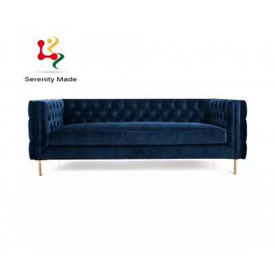 upscale bar furniture dark blue velvet upholstered couch sofa with metal legs