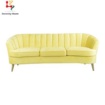 Commercial modern Living room furniture yellow fabric upholstered three seaters metal leg latest living room sofa design