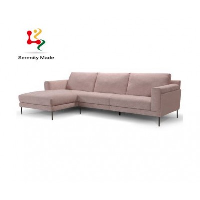 stylish hotel lobby furniture pink L shape fabric upholstered lounge couch sofa with metal legs